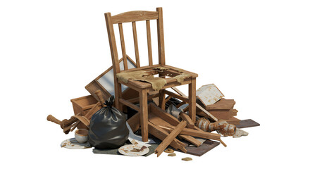 Discarded Wooden Chair Surrounded by Household Junk and Rubbish