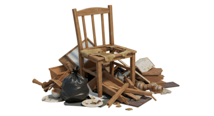 Discarded Wooden Chair Surrounded by Household Junk and Rubbish
