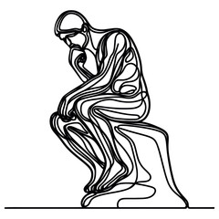 Sculpture of thinker man, vector, continuous line illustration
