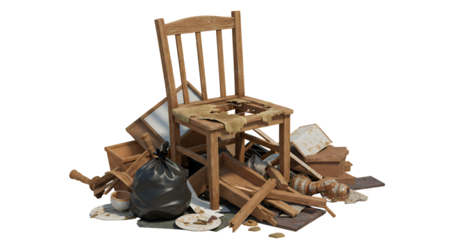 Discarded Wooden Chair Surrounded by Household Junk and Rubbish