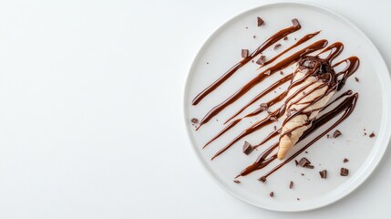 A delightful serving of ice cream drizzled with rich chocolate sauce, artistically arranged on a minimalist plate, evoking feelings of indulgence and sweetness.
