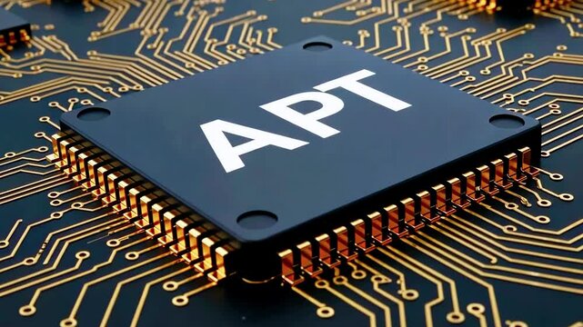 Close-up of a microchip labeled APT on a circuit board with intricate connections and components