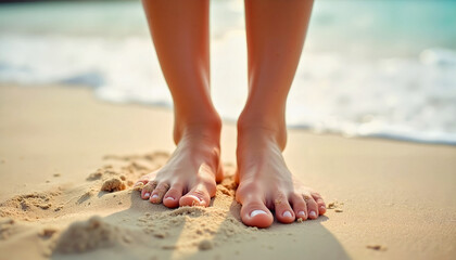 men's bare feet serene ocean background  