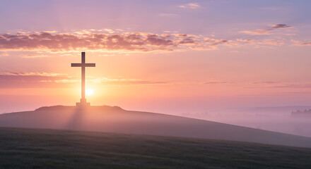 Majestic Cross Silhouette at Sunrise over Misty Field Peaceful Landscape