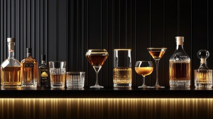 Elegant Whiskey and Cocktail Collection on Dark Bar Top: Luxurious Glassware and Amber Drinks