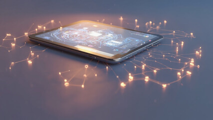 Tablet displaying tech screen with glowing connection dots. Digital future concept