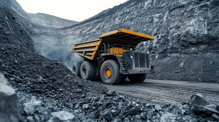 A massive industrial dump truck hauling materials in an open pit mine
