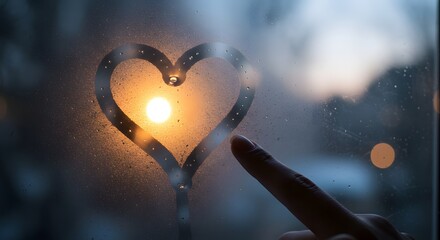 A finger delicately traces a heart shape on a misty window, with the soft light of sunset filtering through.