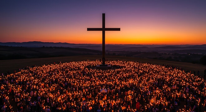 Sunset Vigil Large Crowd with Candles at a Giant Cross in a Scenic Landscape