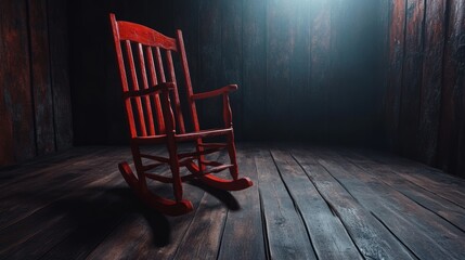 A rustic red rocking chair stands alone in a dimly lit wooden room, creating a warm and nostalgic atmosphere, This image is ideal for themes of comfort, relaxation, and vintage home decor,