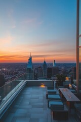 View of Philadelphia skyline from a rooftop bar at sunset