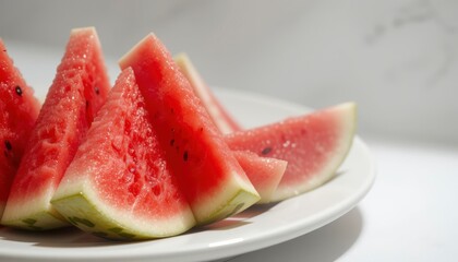 Close up of Juicy Watermelon Slices on a White Plate