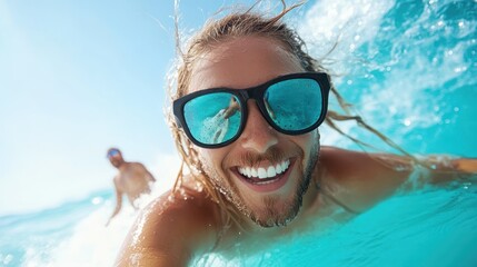 Naklejka premium A thrilling wave ride is captured with a surfer beaming widely, highlighting the exuberance and freedom of water sports in the refreshing ocean surf.