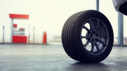 A car tire with an alloy wheel rests on the ground at an auto repair shop, surrounded by blurred red and white equipment, showcasing vehicle maintenance. Ideal for promoting automotive services