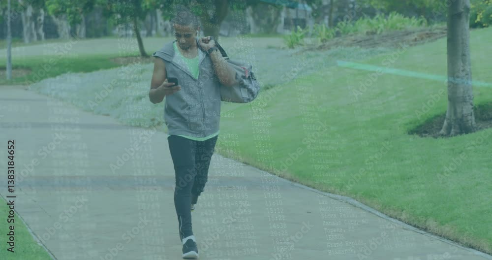Poster man walking in park using smartphone with data processing animation overlay