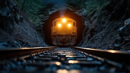 A captivating yellow train approaches a dark tunnel entrance, creating an intriguing focal point amidst the rocky surroundings and evoking a sense of adventure and exploration.