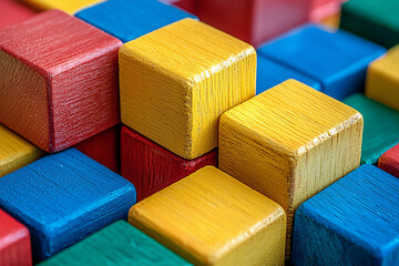 an abstract close-up of interlocking toy building blocks in various primar