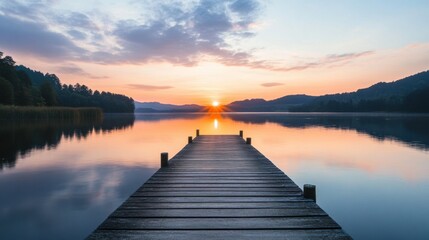 Fototapeta premium A wooden pier extending into a calm lake at sunset.