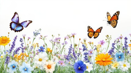 Vibrant spring meadow with colorful wildflowers and flying butterflies against a bright white background capturing the essence of nature and beauty in a bright style © EchoFrame
