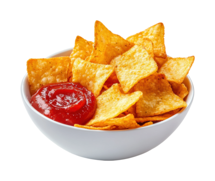 Crunchy tortilla chips with ketchup dip snack time isolated on transparent background