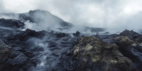 Volcanic terrain with steaming vents and dark, jagged rocks