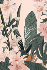 Elegant botanical background with hand-drawn tropical leaves and flowers in a warm earthy palette. A sophisticated and minimalistic design perfect for textiles, wallpapers, and modern decor.