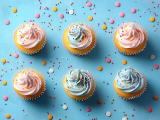 Delightful cupcakes with colorful frosting and sprinkles on a vibrant blue background overhead shot for bakery promotion and dessert concept