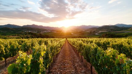A stunning view of a golden sunset casting warm hues over the vineyard landscape, emphasizing the beauty of nature as the sun dips behind distant mountains and rolling hills.