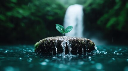 A striking image of a single green leaf sprouting on a rock amidst a cascading waterfall, symbolizing resilience, growth, and the unyielding spirit of nature.