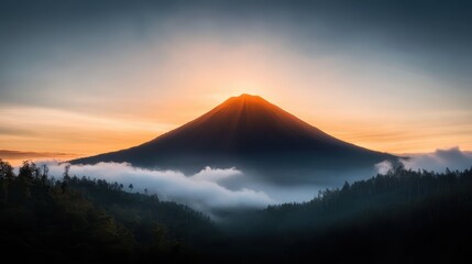 An awe-inspiring silhouette of a majestic volcano standing tall against a vibrant sunset, representing the raw power of nature and the beauty of dramatic landscapes.
