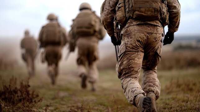 Military in the process of landing : soldiers carrying out landing operations. 