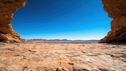 Fototapeta premium A breathtaking view of a desert landscape framed by rock formations under a clear blue sky, highlighting the vastness and serenity of the natural environment.