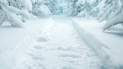 A tranquil snowy pathway winds through a forest, flanked by snow-laden trees, inviting exploration and evoking feelings of peace, beauty, and winter's enchanting charm.
