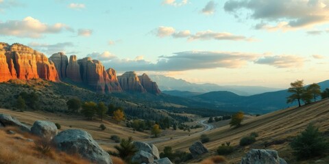 Obraz premium Scenic Sunset Landscape Red Rock Mountains Desert Road Dramatic Sky