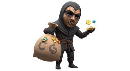 Mysterious Character Holding Treasure Bag with Coins and Gems for Creative Projects