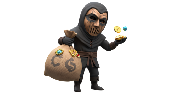 Mysterious Character Holding Treasure Bag with Coins and Gems for Creative Projects