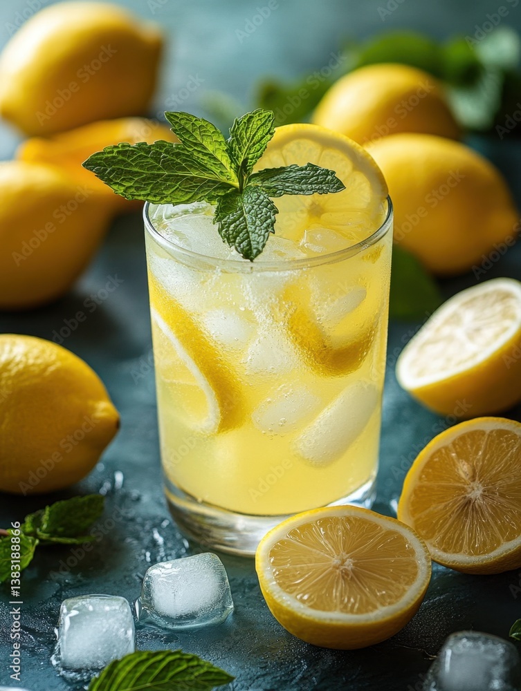 Poster refreshing lemonade with ice cubes and fresh mint leaves on a rustic surface for a summer beverage c