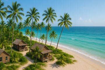 Scenic aerial shot of tropical beach houses surrounded by lush palm trees, white sandy shores, and crystal-clear waters.