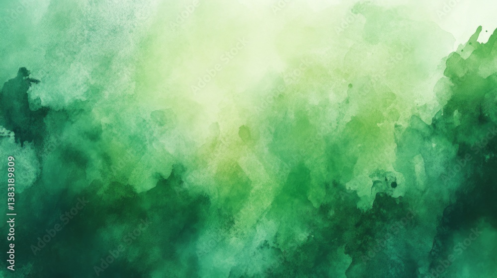 Poster watercolor abstract background in shades of green with soft brush strokes and fluid patterns, ideal 