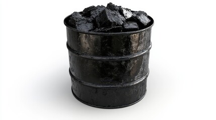 Hot asphalt contained in a black barrel, isolated on a white background.