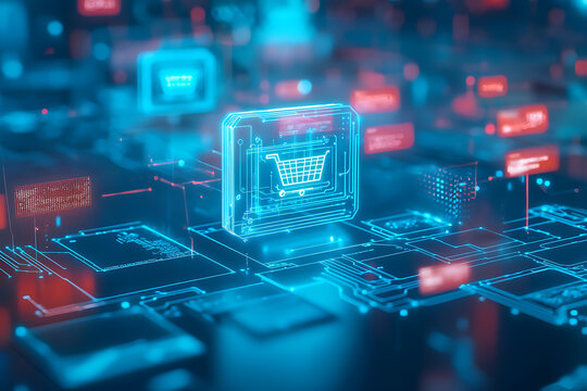Digital shopping experience e-commerce landscape data visualization virtual marketplace futuristic environment