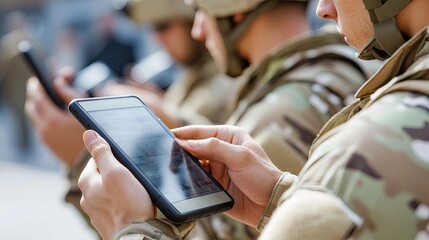 Military with modern technology : soldiers with tablets, smartphones or other gadgets. 