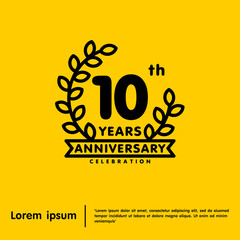 10th years anniversary celebration emblem. anniversary logo isolated with laurel wreath and ribbon on yellow background. vector illustration template design for web, flyers, poster, greeting card