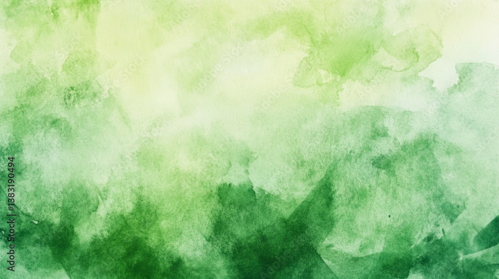 Poster watercolor abstract background in shades of green with soft brush strokes and fluid patterns, ideal 
