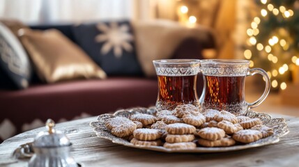 Two cups of tea with cookies on a wooden table in the interior of the living room