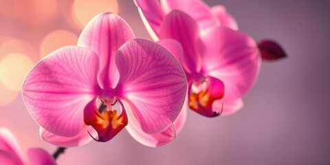 Obraz premium Beautiful Pink Orchid Flowers Close Up Soft Focus Bokeh Background