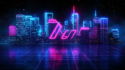 Fototapeta premium Illuminated retro city scene showcasing neon lights on buildings at night