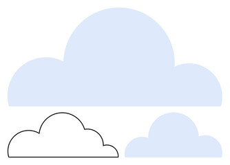 Three simple cloud shapes in different styles, from solid blue fill to black line outline. Ideal for weather, environment, technology, dream, internet, creativity and simplicity themes. Flat simple