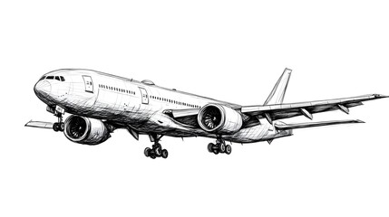 Detailed hand drawn sketch of a large passenger jet airplane in flight prepa for landing approach.