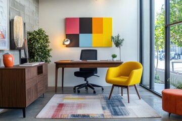 Workspace setup with modern furniture and vibrant accent pieces